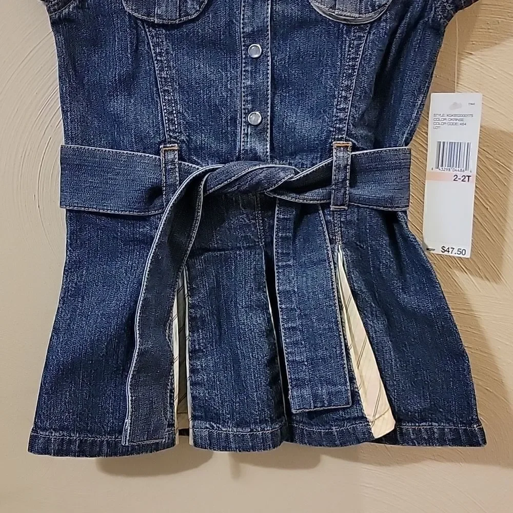 DKNY DENIM BELTED DRESS WITH PLEATED SKIRT AND PEARL BUTTONS, SIZE 2/2T - NEW!
